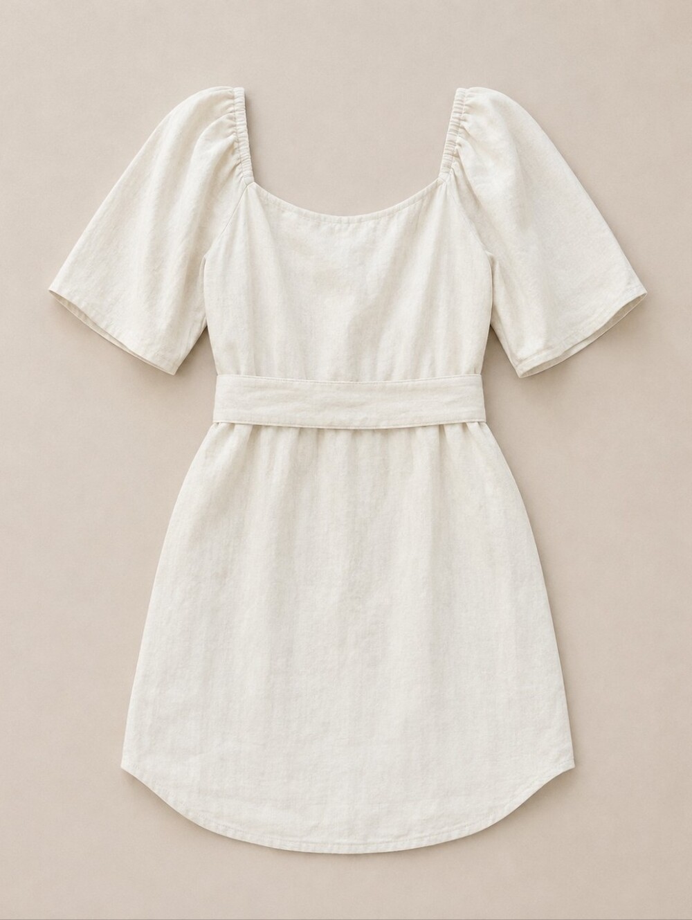 Cottagecore White Linen Mini Dress Puff Sleeve Belted Sweetheart Women 8 Coastal - Picture 3 of 11